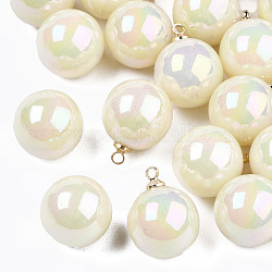 Acrylic Imitation Pearl Pendants, with Light Gold Tone Brass Loop, AB Color Plated, Round, Beige, 18x14mm, Hole: 1.6mm