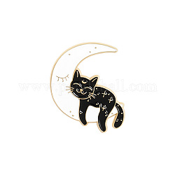 Katze mit Mond-Emailnadel, Leicht vergoldetes Legierungsabzeichen für Rucksackkleidung, weiß, 30x25 mm