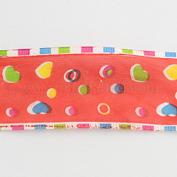 1-1/2 inch Single Face Heart and Dots Printed Satin Ribbon, Orange Red, 1-1/2 inch(38mm), about 100yards/roll(91.44m/roll)