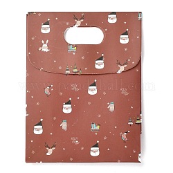Christmas Themed Pattern Rectangle Kraft Paper Flip Bags, with Handle, Gift Bags, Shopping Bags, Indian Red, 14x6x16.5cm