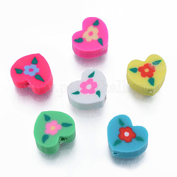 Handmade Polymer Clay Beads, Heart with Flower, Mixed Color, 9~9.5x10~10.5x4.5~5mm, Hole: 1.6mm