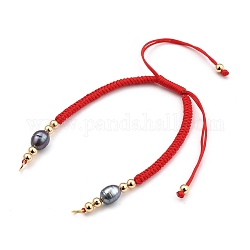 Fabrication de bracelet en fil de nylon tressé réglable, avec des perles en laiton, perles de perles de culture d'eau douce naturelles et 304 anneaux de saut en acier inoxydable, rouge, 6-7/8 pouce ~ 11-5/8 pouces (17.3~29.5 cm), 3.7mm, Trou: 3.6mm