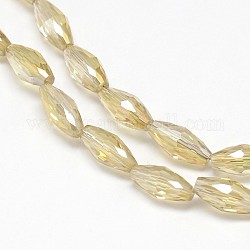 Chapelets de perles de riz en verre cristal, facette, couleur arc-en-plaqué, champagne jaune, 4x9mm, Trou: 1mm, Environ 58 pcs/chapelet, 20.4 pouce