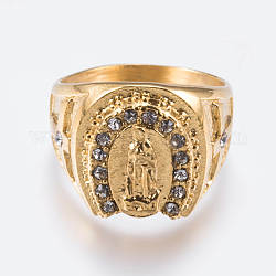 304 Stainless Steel Rhinestone Wide Band Rings, Virgin Mary, Golden, Size 8~13, 18~23mm