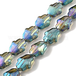 Transparentes perles de verre de galvanoplastie brins, arc-en-ciel plaqué, Hamsa main, aigue-marine moyenne, 17.8x13.5x7.5mm, Trou: 1.3mm, Environ 40 pcs/chapelet, 27.95 pouce (71 cm)