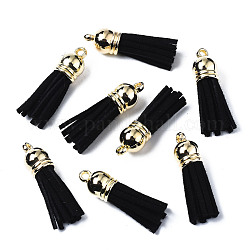 Décorations de pendentif pompon en daim, avec embouts de cordon en plastique ccb, noir, 35~37x10mm, Trou: 2.5~3mm