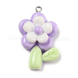 Opaque Resin Pendants, Flower Charms, with Platinum Tone Iron Loops, Lilac, 35.5x22x11mm, Hole: 1.5mm