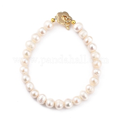 Natural Cultured Freshwater Pearl Beaded Bracelets, with Flower Brass Toggle Clasps, Golden, Floral White, 7-5/8 inch(19.5cm)