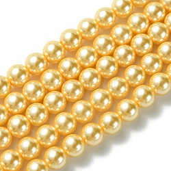 Hebras de perlas de vidrio ecológicas, Grado A, redondo, teñido, cordón de algodón rosca, amarillo, 8mm, agujero: 1.2~1.5 mm, aproximamente 52 pcs / cadena, 15.7 pulgada
