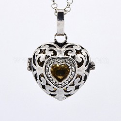Antique Silver Brass Rhinestone Cage Pendants, Chime Ball Pendants, Heart, with Brass Spray Painted Bell Beads, Dark Goldenrod, 27x27x21mm, Hole: 3x5mm, Bell: 16mm
