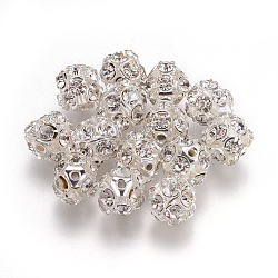 Ottone chiare perle di strass, grado B, tondo, colore argento placcato, 10mm