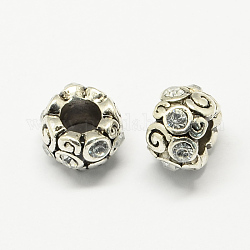Legierung Rhinestone European Beads, Unterlegscheibe Perlen mit großem Loch, Antik Silber Farbe, Kristall, 11x8 mm, Bohrung: 6 mm