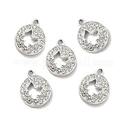 Alloy Rhinestone Pendants, Platinum Tone Hollow Out Flat Round with Butterfly Charms, Crystal, 19x15x3mm, Hole: 2mm