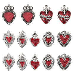 Chgcraft 14 pz 7 pendenti smaltati in lega di stile, argento antico, cuore e fascino del cuore sacro, firebrick, 29.5~64x20~42.5x3~5mm, Foro: 1.5~3 mm, 2pcs / style