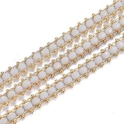 Brass Handmade Faceted Glass Beaded Chains, with Spool, Soldered, Long-Lasting Plated, Real 18K Gold Plated, Rondelle, White, 7x3.5mm, about 16.4 Feet(5m)/roll