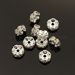 Perles séparateurs en laiton avec strass, grade AAA, bord ondulé, sans nickel, couleur argentée, rondelle, cristal, 8x3.8mm, Trou: 1.5mm
