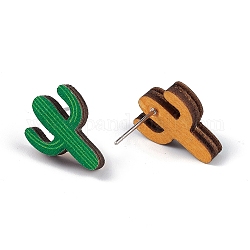 Orecchini a bottone in legno naturale, 316 gioiello in acciaio inossidabile per donna, modello di cactus, 16x11.5mm, ago :0.6mm