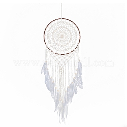 Iron Bohemian Woven Web/Net with Feather Macrame Wall Hanging Decorations, for Home Bedroom Decorations, White, 880mm