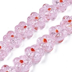 Transparent Handmade Bumpy Lampwork Beads Strands, with Silver Glitter, Flower, Pink, 13.5~14.5x14.5x8.5~10mm, Hole: 0.8~1.6mm, about 35pcs/strand, 18.50 inch~19.37 inch(47cm~49.2cm)