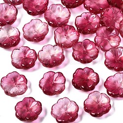 Perles de verre peintes par pulvérisation transparent, avec de la poudre de paillettes, deux tons, fleur, support violet rouge, 15x15x6mm, Trou: 1.2mm