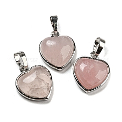 Pendentifs de quartz rose naturel, Breloques cœur avec fermoirs en laiton plaqué platine, 20.5x17.5x7mm, Trou: 4x8mm