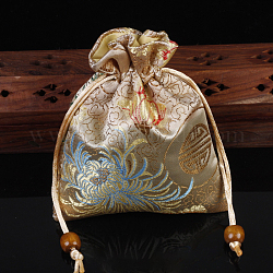 Sacchetti per imballaggio di gioielli in raso con motivo floreale in stile cinese, sacchetti regalo con coulisse, rettangolo, bisque, 14x11cm