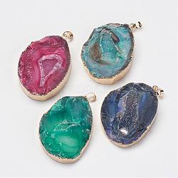 Natural & Dyed Druzy Agate Pendants, with Golden Plated Brass Findings, Nuggets, Mixed Color, 57~61x36~43x9~14mm, Hole: 5x8mm