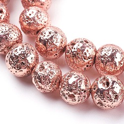 Fili di perle di roccia lavica naturale elettrodeposta, tondo, accidentato, placcato oro rosa, 10~10.5mm, Foro: 1.5 mm, circa 39pcs/filo, 15.35 pollice (39 cm)