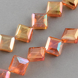 Transparent Electroplate Faceted Glass Beads Strands, Square, Coral, 17x17x7.5mm, Hole: 2mm, about 40pcs/strand, 25.1 inch