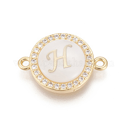 Brass Micro Pave Cubic Zirconia Links, with Shell, Long-Lasting Plated, Lead Free & Cadmium Free & Nickel Free, Real 18K Gold Plated, Flat Round with Letter, Clear, Letter.H, 13.5x18.5x4.5mm, Hole: 1.4mm