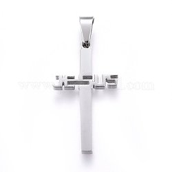 304 Stainless Steel Pendants, For Easter, Cross with Word Jesus, Stainless Steel Color, 31x17x2.2mm, Hole: 8x4mm