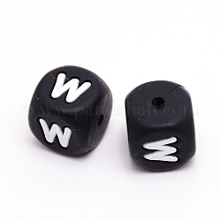 Perles de silicone, cube avec letter.w, noir, 12x12x12mm, Trou: 2mm
