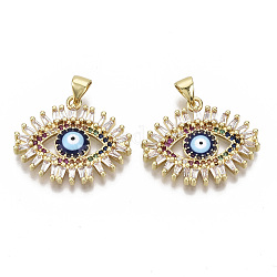 Brass Micro Pave Cubic Zirconia Pendants, with Enamel and Brass Snap on Bails, Eye, Real 18K Gold Plated, Nickel Free, Colorful, 21x25x2.5mm, Hole: 3x5mm