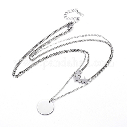 304 doppelschichtige Halsketten aus Edelstahl, mit Karabiner verschlüsse, flach rund mit Stern, Edelstahl Farbe, 16.2 Zoll (41.3 cm), 1~2 mm