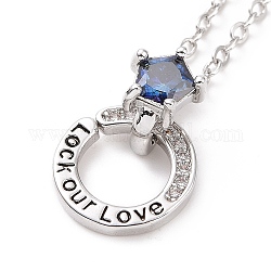 Collana con ciondolo ad anello in zirconi blu, parola blocco il nostro amore coppia collana in ottone per le donne, platino, 16.26 pollice (41.3 cm)