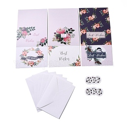 Papier rectangle cartes de vœux, avec enveloppe rectangle et autocollants en papier autocollants ronds plats, carte d'invitation d'anniversaire de mariage de pâques, motif de fleur, 110x160x1mm