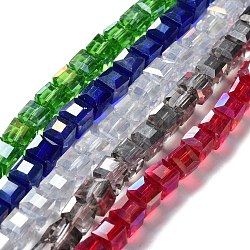 Abalorios de vidrio electroplate hebras, color de ab chapado, facetados, cubo, color mezclado, 8x8x8mm, agujero: 1 mm, aproximamente 72 pcs / cadena, 21.6 pulgada
