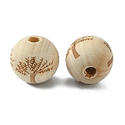 Perline in legno naturale di theaceae, inciso al laser, rotondo con motivo ad albero, Burlywood, 20mm, Foro: 5 mm, 20pcs/scatola