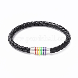 Bracelet de fierté arc-en-ciel, bracelet cordon tressé en cuir pu avec fermoirs magnétiques en émail pour hommes femmes, noir, 8-1/4 pouce (20.8 cm)