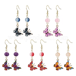 Alloy Enamel Butterfly Dangle Earrings, with Round Glass Beaded, Mixed Color, 54~54.5x17mm