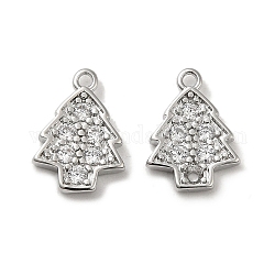 Brass Micro Pave Cubic Zirconia Pendants, Christmas Tree, Real Platinum Plated, 12x8.5x1.5mm, Hole: 1mm