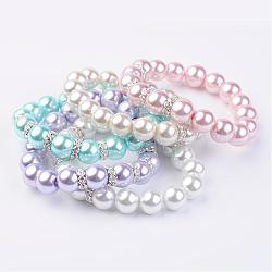 Glass Pearl Stretch Bracelets, with Brass Rhinestone Spacer Beads, Silver Color Plated, Mixed Color, 2-1/8 inch(53mm)
