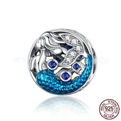 925 Sterling Silber European Beads, Großloch perlen, flach rund mit Meerjungfrau, Platin Farbe, Saphir