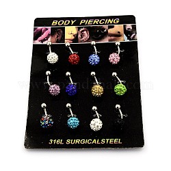 316L Stainless Steel Polymer Clay Rhinestone Belly Rings, Mixed Color, 23x10x10mm, Pin: 1mm, about 12pcs/board
