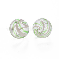 Perles de globe en verre soufflé à la main transparent, rayure, ronde, vert clair, 15.5~16.5mm, Trou: 1~2mm