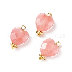 Cherry Quartz Glass Charms, with Golden Tone Brass Findings, Faceted Heart, 15x10x5mm, Hole: 1.6mm
