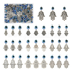 100 pièces 10 styles pendentifs en alliage de style tibétain, avec des perles de résine mauvais œil, main hamsa/main de miriam, bleu royal, 32~45mm, Trou: 2mm, pendentif: 16~33x10~23x1~2 mm, 10 pièces / style