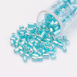 11/0 perles de rocaille en verre à deux trous ronds, hexagone, Argenté, arc-en-ciel plaqué, bleu, 2x2mm, trou: 0.5 mm, environ 41000 pièces / livre
