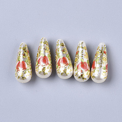 Perline in resina stampata, imitazione perla, lacrima con motivo floreale, rosso, 32x13mm, Foro: 1.5 mm