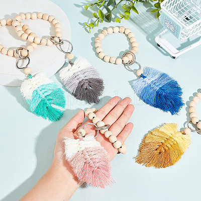 5pcs perles de bois naturel bracelets extensibles porte-clés&nbsp;KEYC-PH01429-1